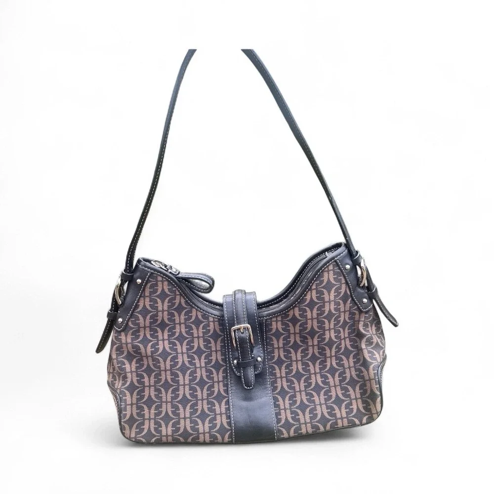 Fossil HOBO Signature Logo Monogram Brown Canvas & Leather Shoulder Bag